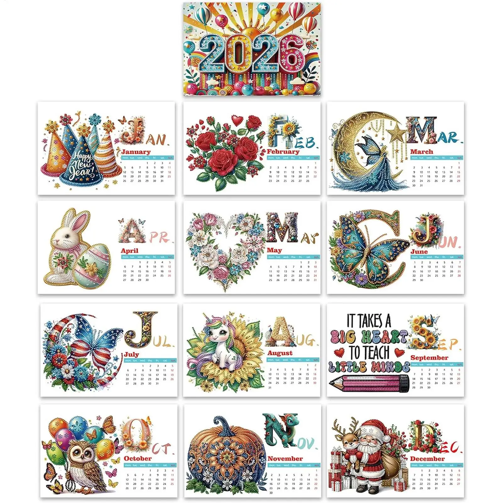 2026년 데스크 캘린더 보석 예술 그림 스탠딩 데스크 캘린더 12개월 플래너 (2026년 1월부터 2026년 12월까지) 여행 계획 및 학교용