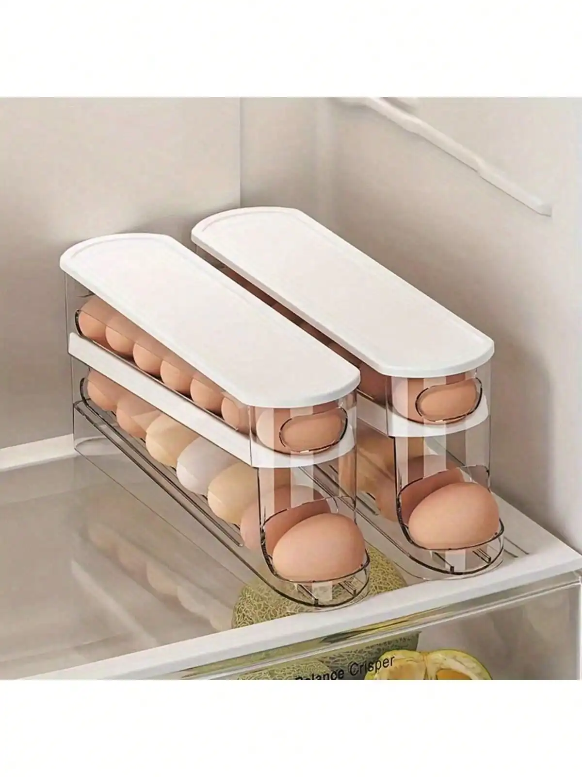 Automatic Double-Layer Egg Holder, Keeps Eggs Fresh, Sliding Container Holds 12-14 Eggs - Hinged Design,No Food Contact