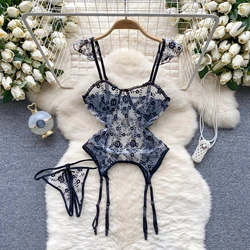 Women Floral Print Bra Brief Suits Vintage Tight Sleepwear Intimate Lingerie Outfits Transparent Erotic Underwear Jumpsuit Hot