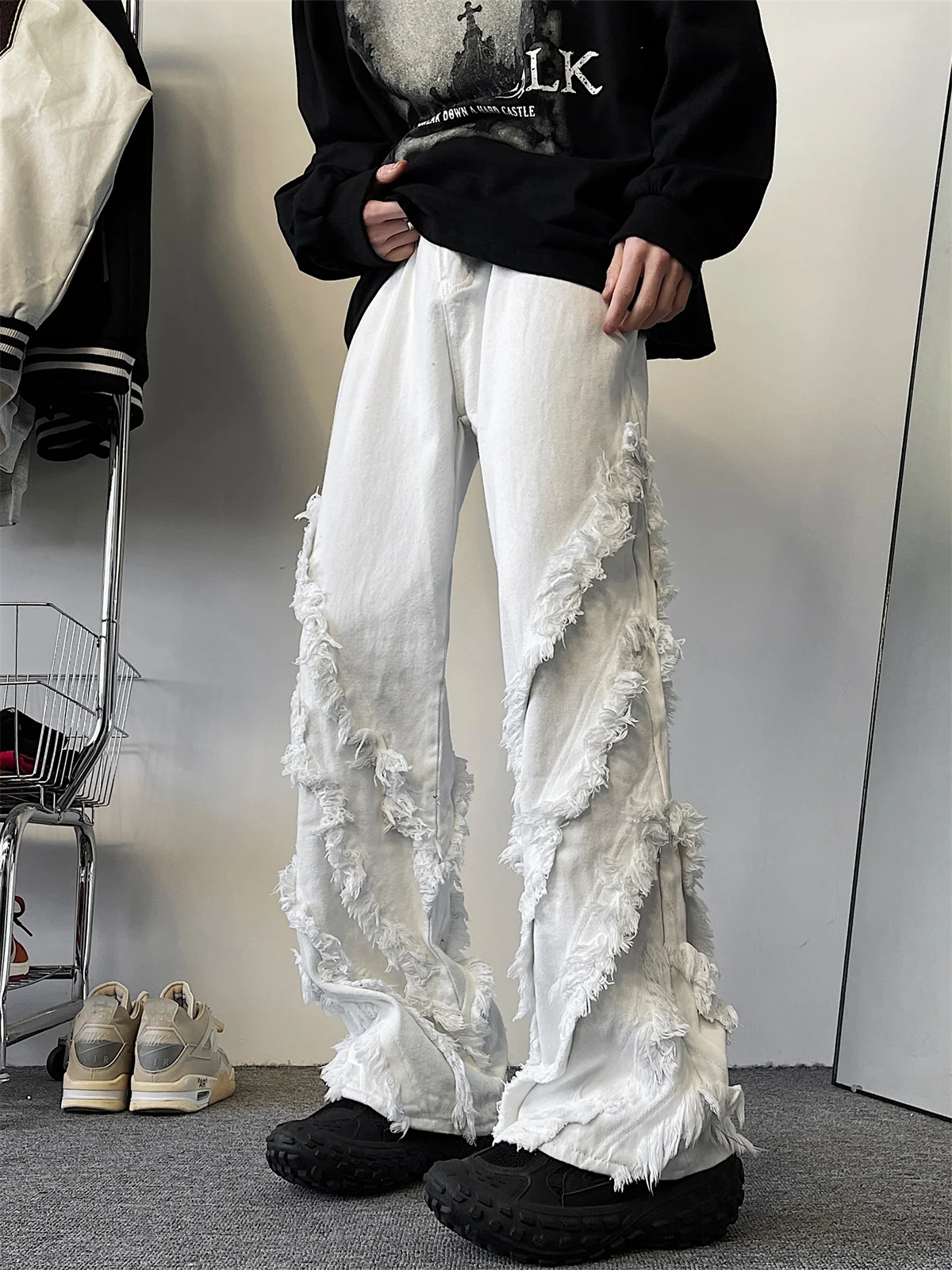 

High Street Deconstructed Frayed Jeans Men's Street Hiphop Straight Loose Casual Cool White Long Pants Summer Faion