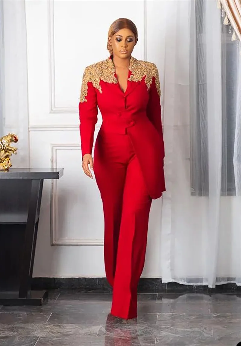 Red Women Suits Set 2 Pcs Blazer+Pants Luxury Beads Appliques Formal Mother of the Bride Wedding Tuxedo Prom Dress Custom Made