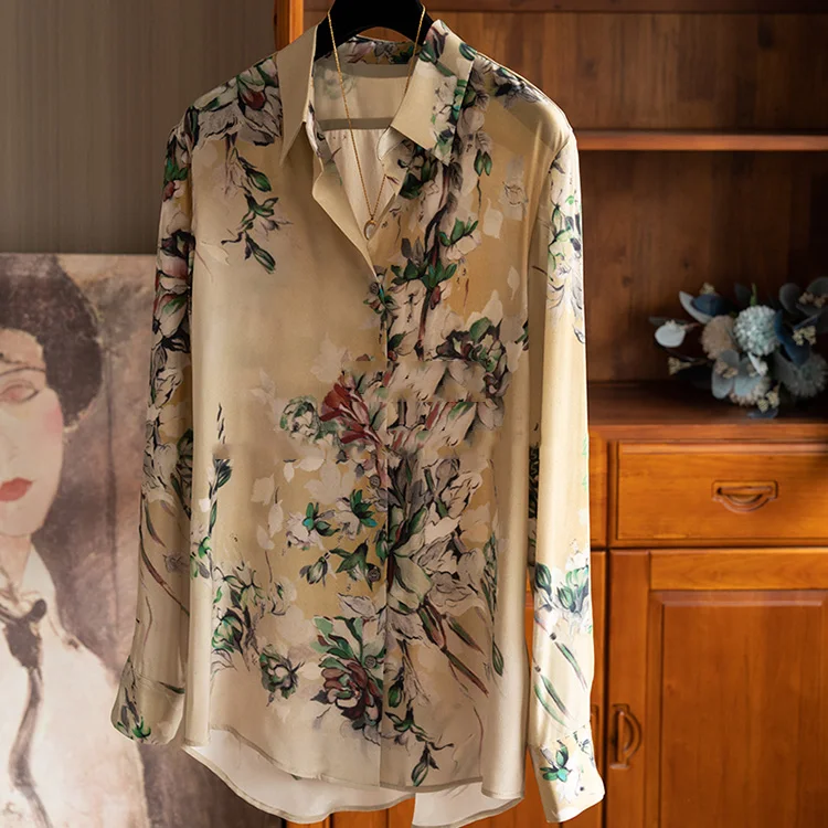 FANIECES S-3XL חולצות נשים 2024 Vintage Print Khaki Women Shirt Autumn Long Sleeve Blouse ropa de mujer ofertas 빈티지 스트라이프 슬리브 셔츠