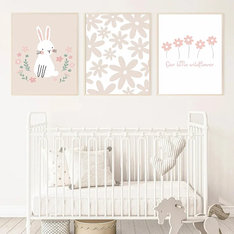 Cartoon Rabbit Goose Sheep Flower Nursery Wall Art Canvas Painting Nordic Girl Posters Prints Pictures for Baby Kids Room Decor