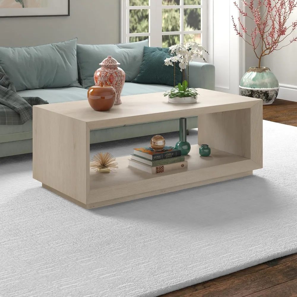 48 Rectangular Coffee Table With Open Storage Shelf For Living Room, Family Room, Or Office, Alder White