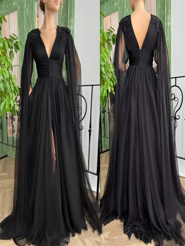 

Black Evening Dresses Cape Sleeves Formal Occasion Dresses Chiffon Party Dresses Middle Slit Prom Gown 2024 فساتين السهرة