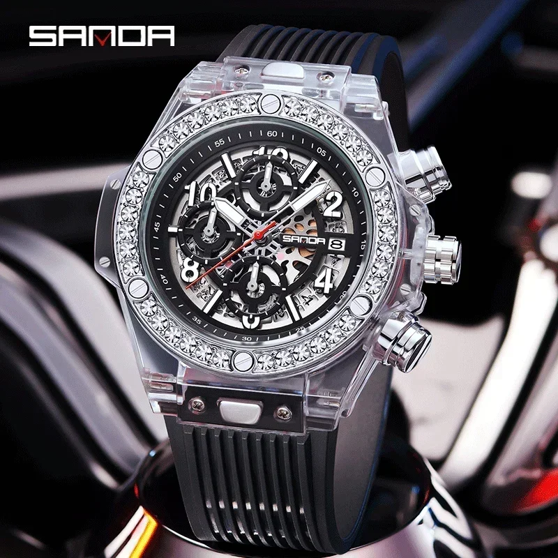 2025 SANDA New Cross-border Hot Sale Quartz Watch Fashion Trend Men Watch Calendar Glow Perspective Window Watch