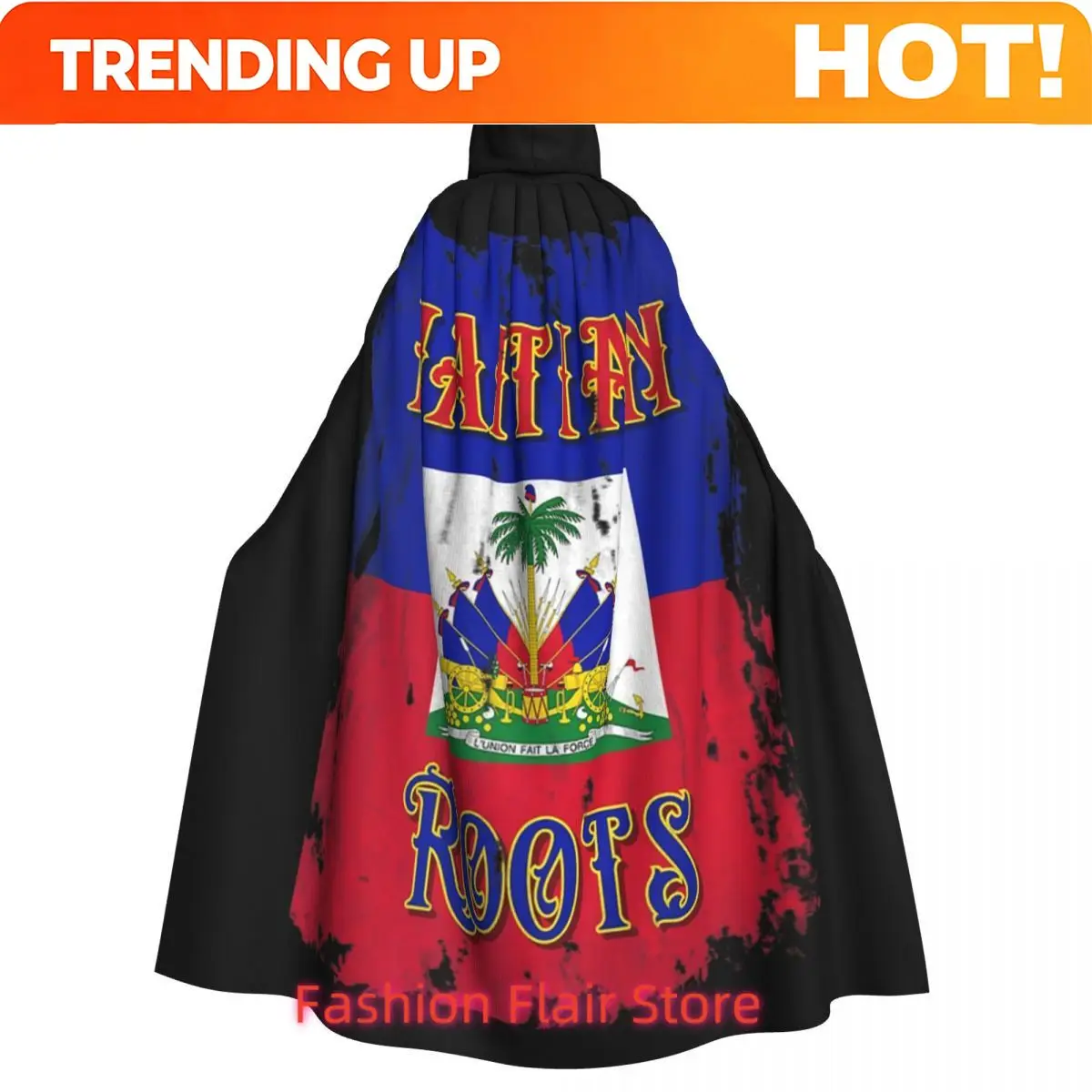 Customization Haitian Roots Haiti Flag Emblem Coat Of Arm Independence Long Hooded Cloak Witch Costume Cosplay Cape HalloweenPar