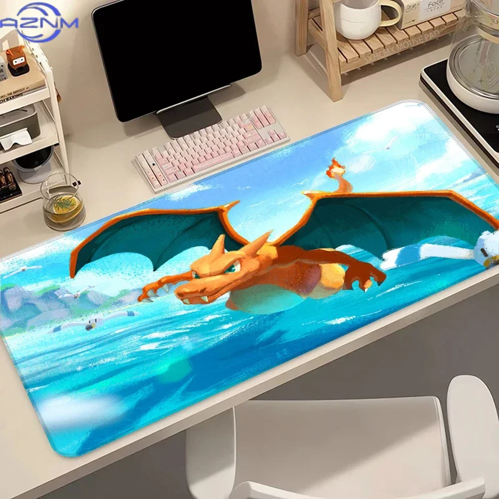 Fiery Golden Dragon Large Gaming Mouse Pad, Fantasy Fire Creature Non-Slip Lock Edge Desk Mat