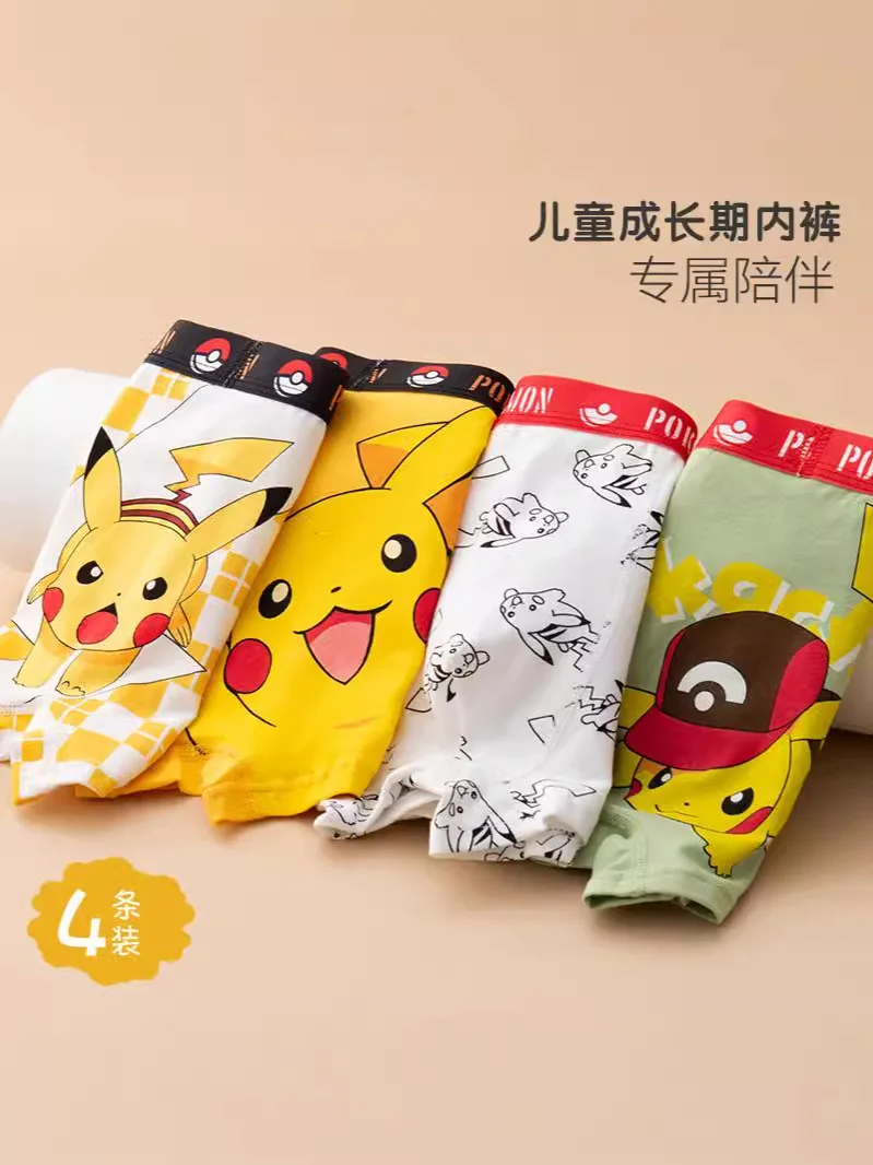 

4Pcs Pikachu children's cotton underpants middle and older boys Pikachu cotton four corner shorts flat summer thin pants