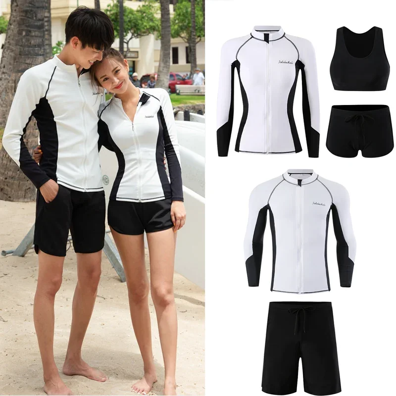 Long Sleeve Rash Guards Swimwear Women 2024 Patchwork Couple Two-Piece Swimsuit Men Surfing Swimming Suit Beach Diving Bath Suit