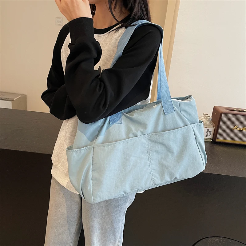 Monochromatic Nylon Cloth Bag, Lightweight Large Tote Bag, Female Student Class Shoulder Bag, Commuting Handbag, Water Resistant