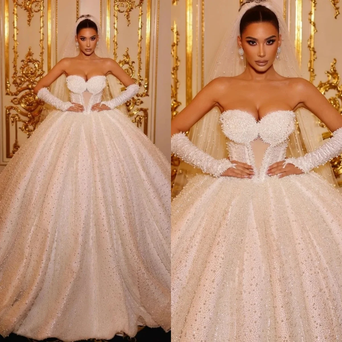 

Illusion Ball Gown Wedding Dress Sweetheart Neck Sleeveless Bridal Gowns Sequins Pearls Sweep Train Dresses Customized