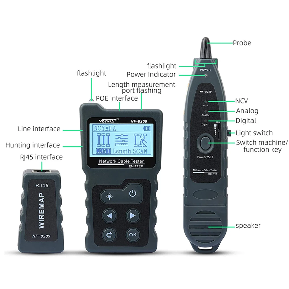 Imagem -02 - Noyafa-cable Tracker Lan Display Medida Tester Ferramentas de Rede Display Lcd Medir o Comprimento Wiremap Tester com Lanterna Nf8209