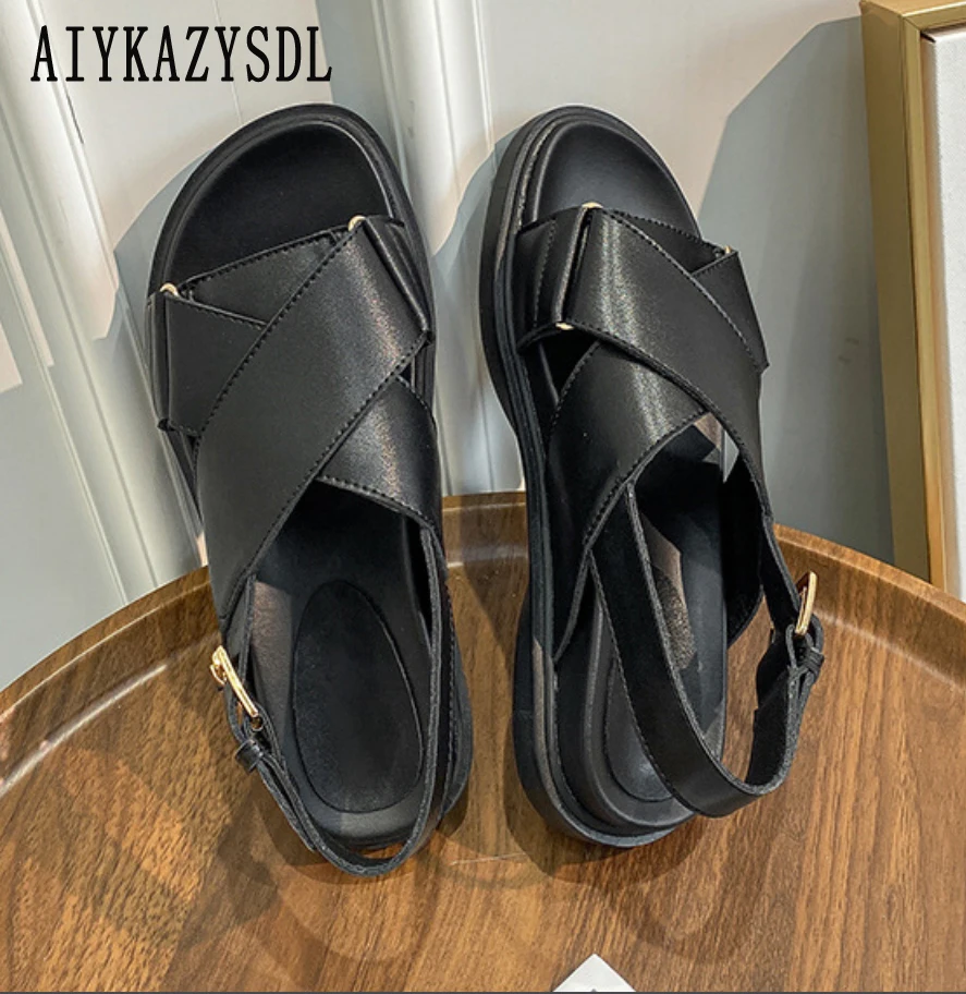 

2025 Women Open Toe Sandals Outdoor Casual Shoes Cross Strap PU Leather Slingback Flip Flops Platform Heels Rome Gothic Shoes