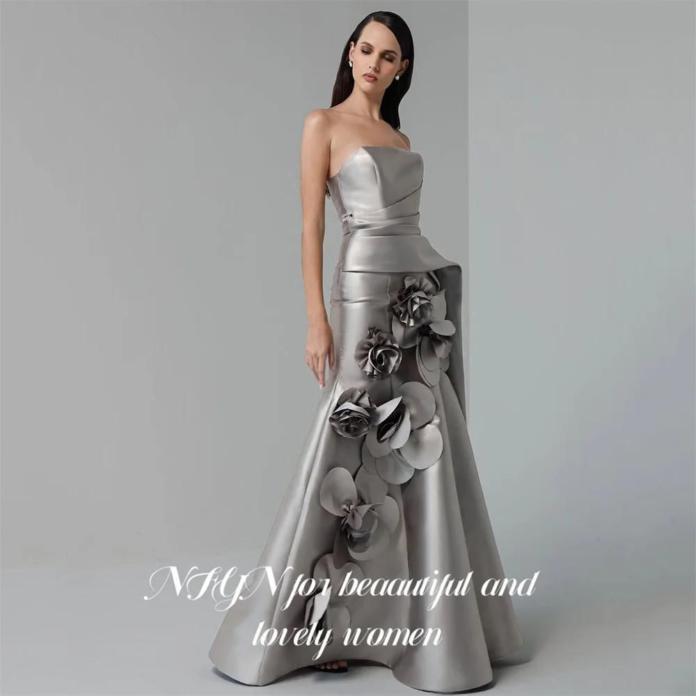 

NFYN Silver Gray Formal Gown Strapless Prom Dresses Mermaid Ball Gown with 3D Floral Embellishments Evening Dresses Customized