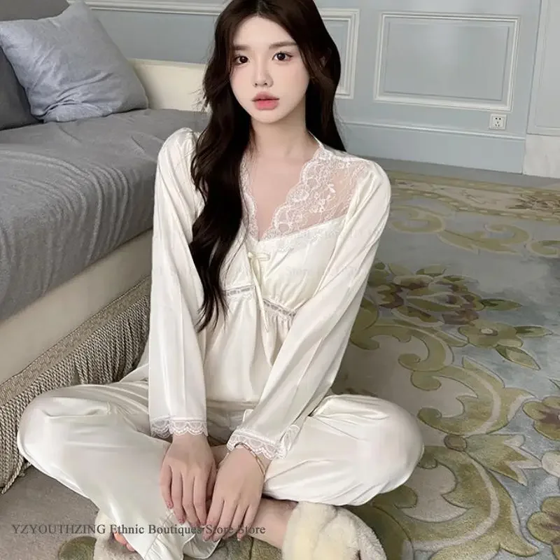 

Women 2Pcs Pajamas Set LoungWear Elegant Patchwork Lace Trouser Pijamas Suit Spring Autumn New Silk Satin Sleepwear Home Clothes