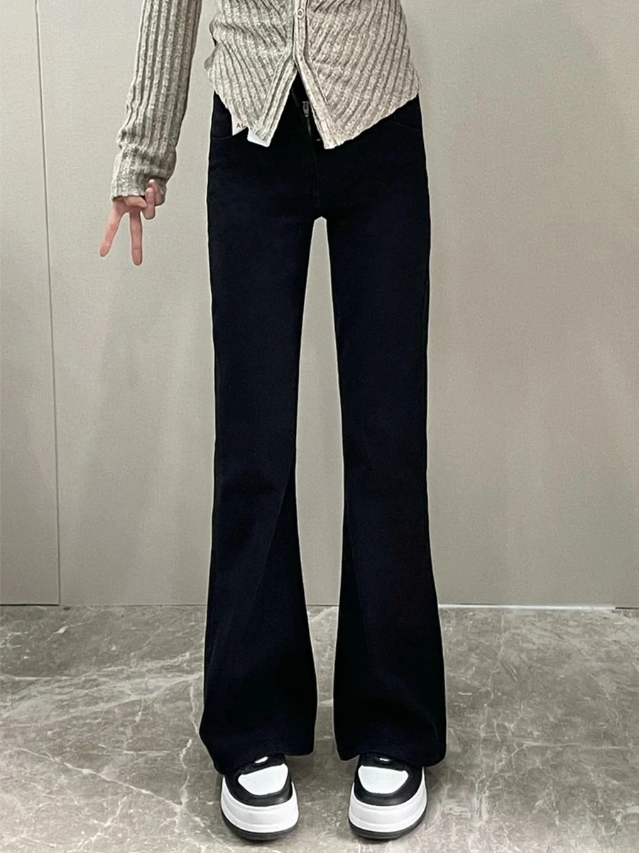 

Джинсы-клеш с высокой талией для женщин, весна-осень, большие размеры, эластичные, из хлопкового денима, прямые, с эффектом «кошачьих ушей», для фигуры «груша»