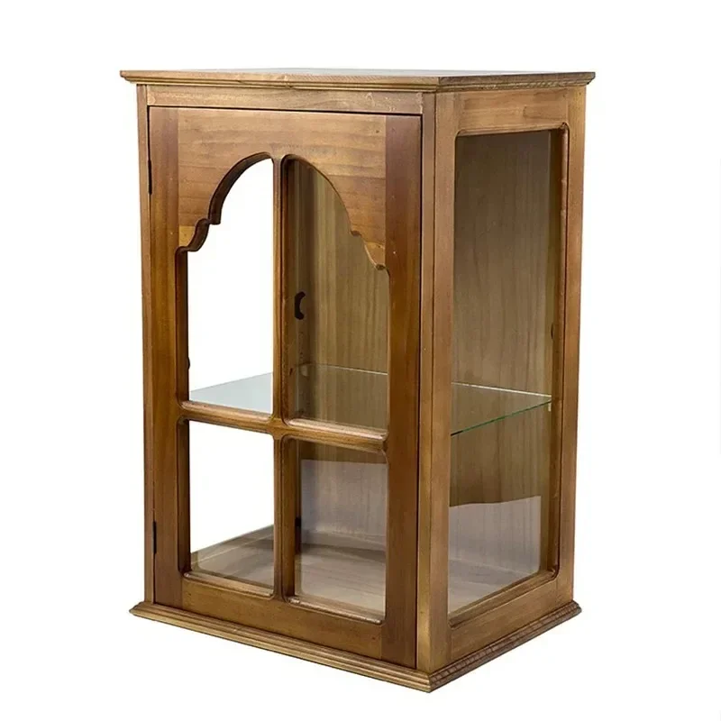 Glass display cabinet, American retro doll figure solid wood tea set, medieval desktop antique storage