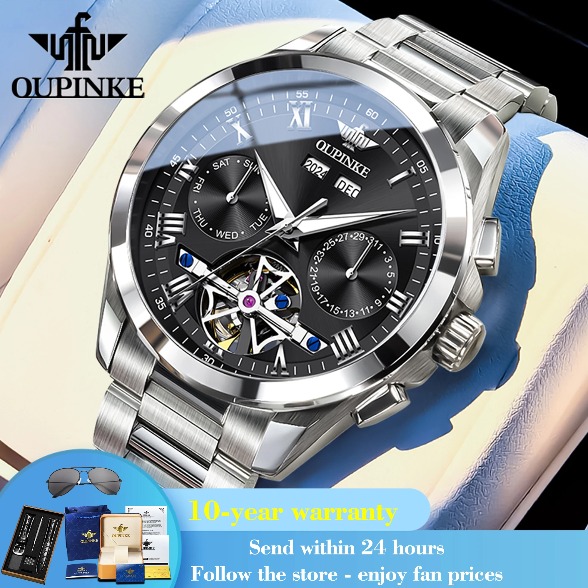 OUPINKE 3281 Deep Waterproof Hollow Skeleton Man Mechanical Watch Roman Scale Auto Date Watch For Men Original Dress Wristwatch