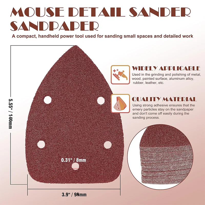 98*140MM Mouse Detail Sandpaper 61Pcs 60-400 Assorted Grit 5 Hole Hook and Loop with Interface Pad for Grinding Wood Metal