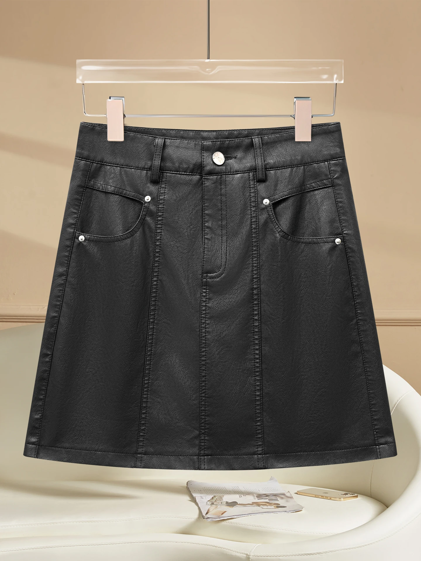 

High Waist Black PU Leather A-Line Skirt Women's Spring Autumn Winter Slimming Short Skirt Korean Style Commute