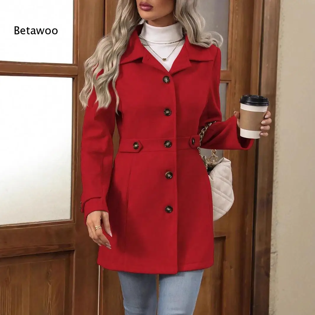 Women Lapel Collar Single Breasted Wool Blend Coat Decor Mid Length Slim Fit Long Sleeve Fall Winter Casual Outerwear