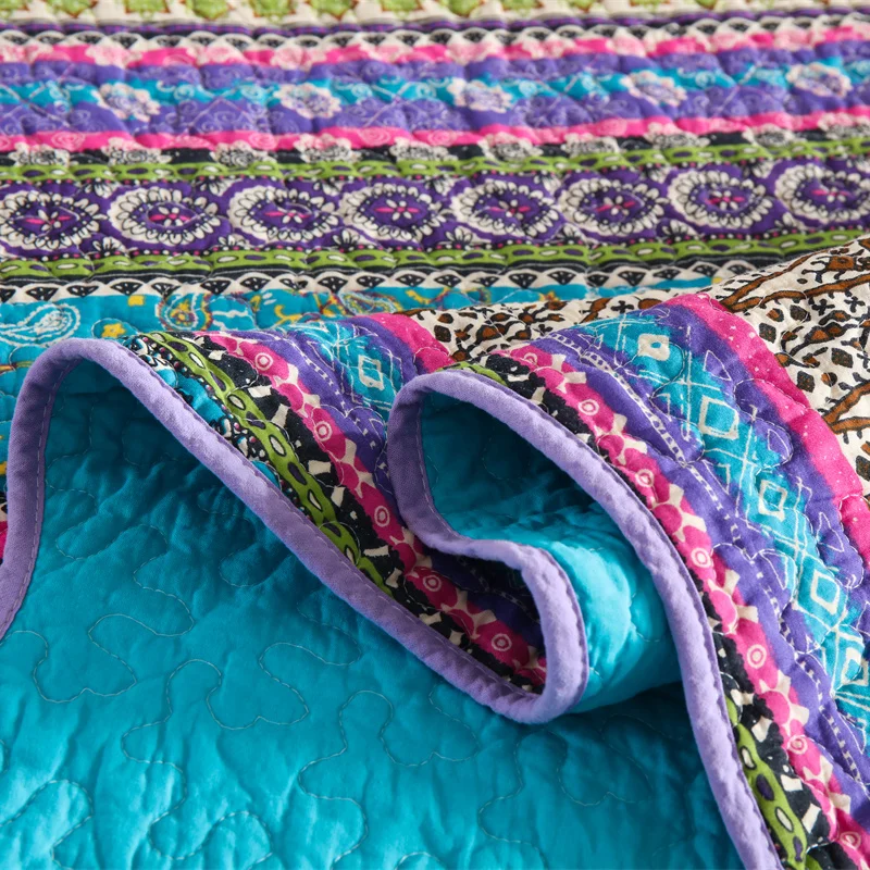 1Pc Boho Colorful Full Queen Quilt Cover for Summer Bohemian Floral Striped Lightweight Bedspread Brushed Microfiber All Season