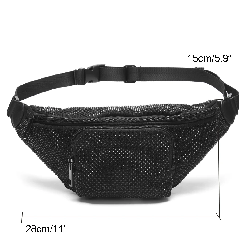 Annmouler New Design Women Waist Bag Large Capacity Fanny Pack Black Rhinestone Chest Bag Luxury Phone Pouch