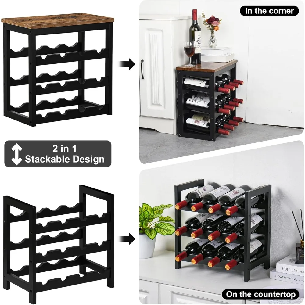 Rack de vinho vasmia piso autônomo, prateleiras de armazenamento de vinho de bambu de 6 camadas com tampo de mesa, prateleira de rack de vinho de 24 garrafas para cozinha b