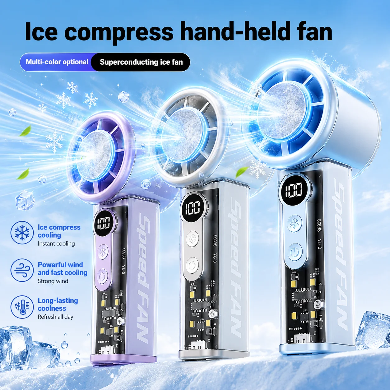 Transparent Mini Handheld Fan with Lanyard & LED Lighting 100 Speed Cold Winds 3000mAh Portable Summer Fan Ice Sensation Cooling