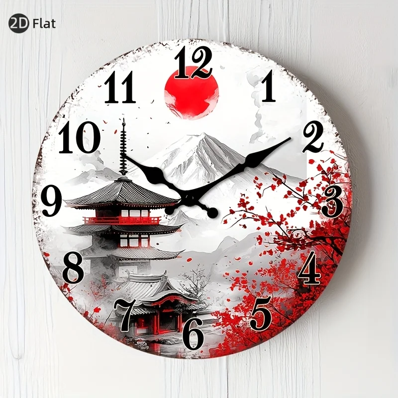[2D Flat Wall Clock] 1pc 2D Flat Wall Clock Non-Ticking Wooden, Circular Clock Japanese-inspired Landscape with Cherry Blossoms Design for Kitchen, Home Office, Library, Hallway, Apartment 10