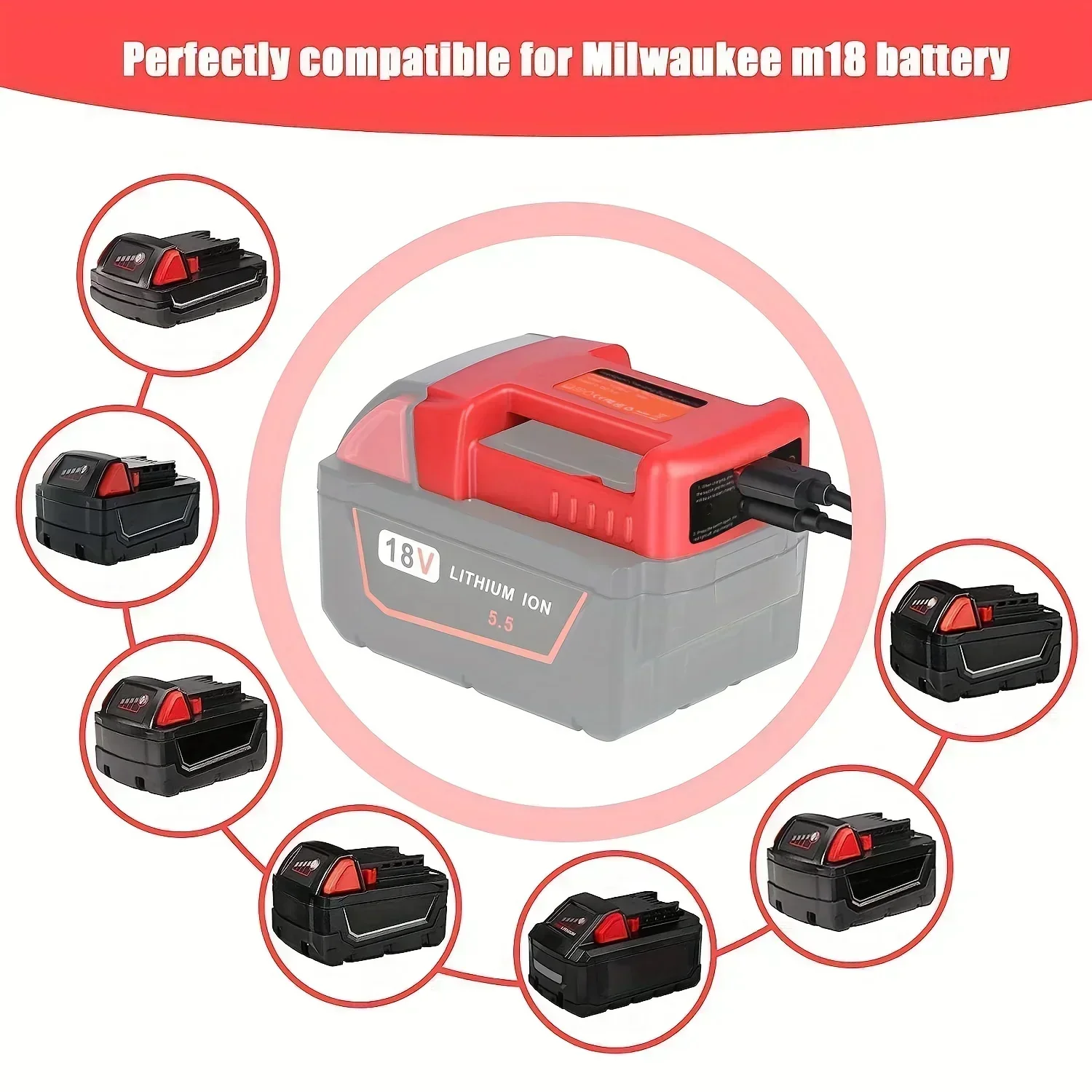 USB Charger Adapter Compatible For Milwaukee M18 18V Battery, Dual Output Port With USB And Type-C Charging Interface