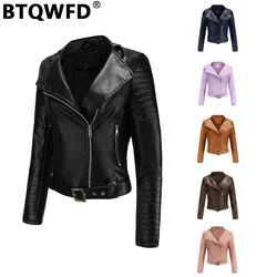 BTQWFD Women's Jackets Winter Coats Female Clothing Turndown Collar Belt Motor Biker PU Faux Leather 2024 Autumn Fashion Zippers