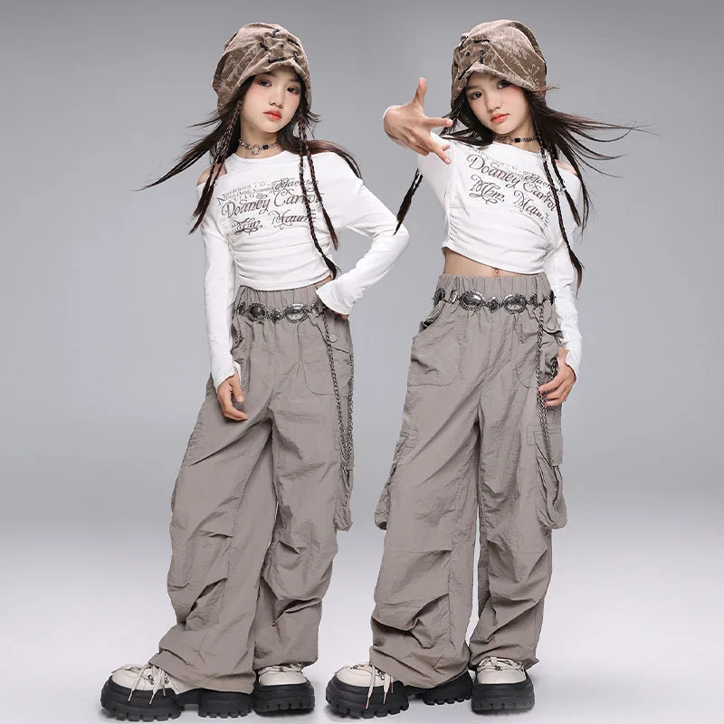 

Kid Kpop Hip Hop Clothing White Cold Shoulder Crop Top T Shirt Gray Casual Cargo Pants for Girls Jazz Dance Wear Costume Clothes