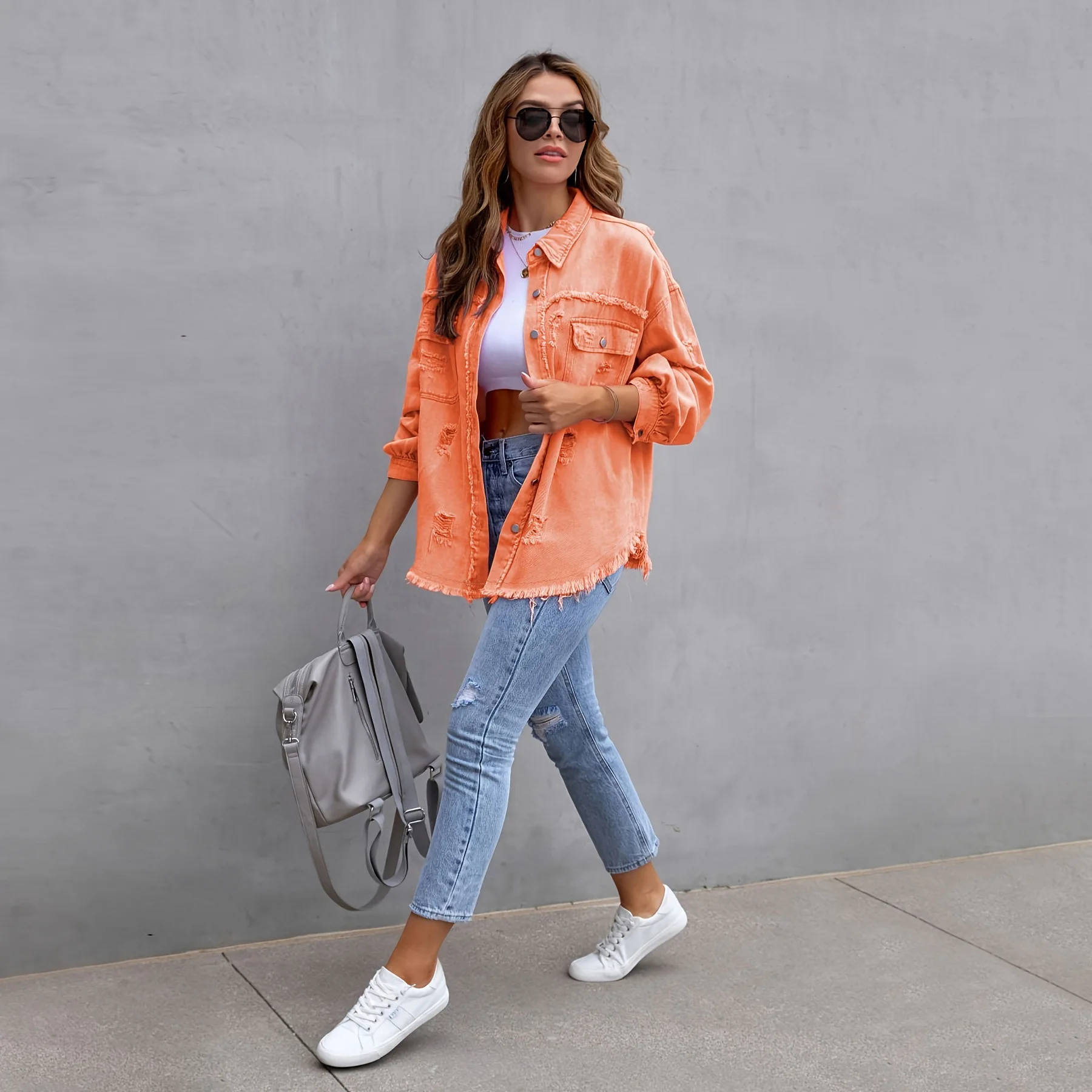 

Loose Women's Denim Jaet Pure Color Long Sve Hole Design Outerwear Casual Sle Spring Faion PU Material Coat
