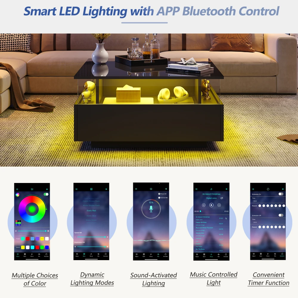 70 x 70 x 41 cm großer moderner Hochglanz-LED-Couchtisch mit 2 Schubladen und transparentem Präsentationsbereich, belastbar bis zu 30 kg – Detail 14