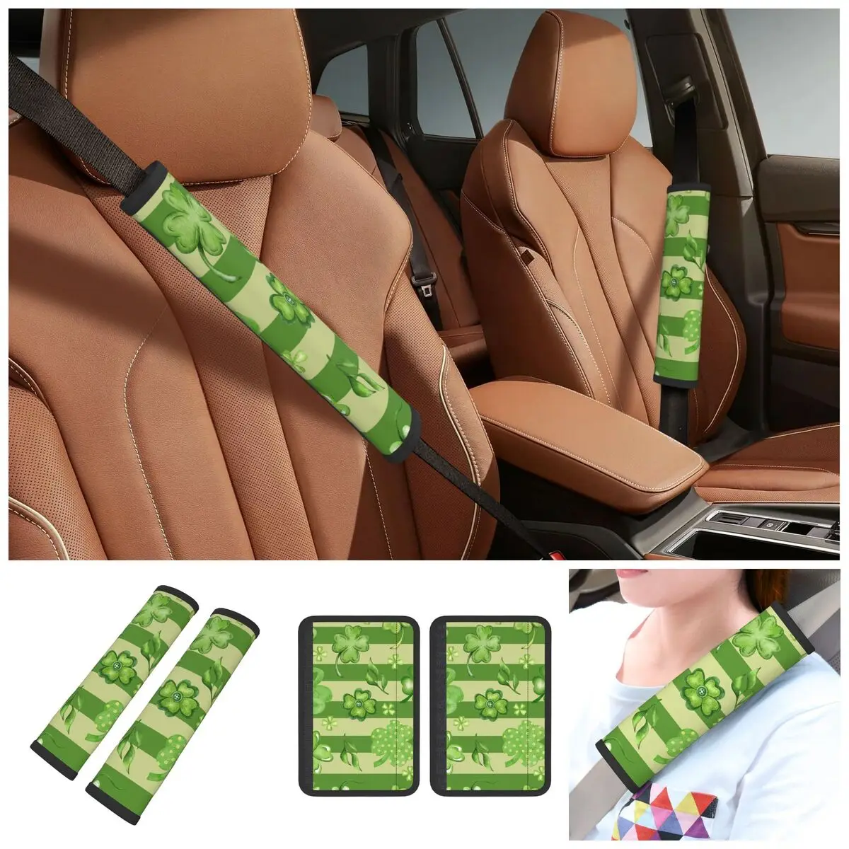 Car Saint Patricks Day Four Leaf Clover Seat Belt Cover Comfort Seat Belt Pads Cover for Cars Backpack