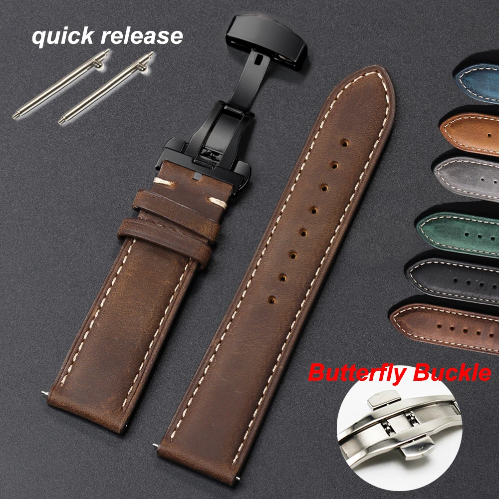 Genuine Calfskin Leather Watchband for Omega Business Watch Band for Seiko 22mm 20mm 18mm Butterfly Buckle Stitching Brown Strap