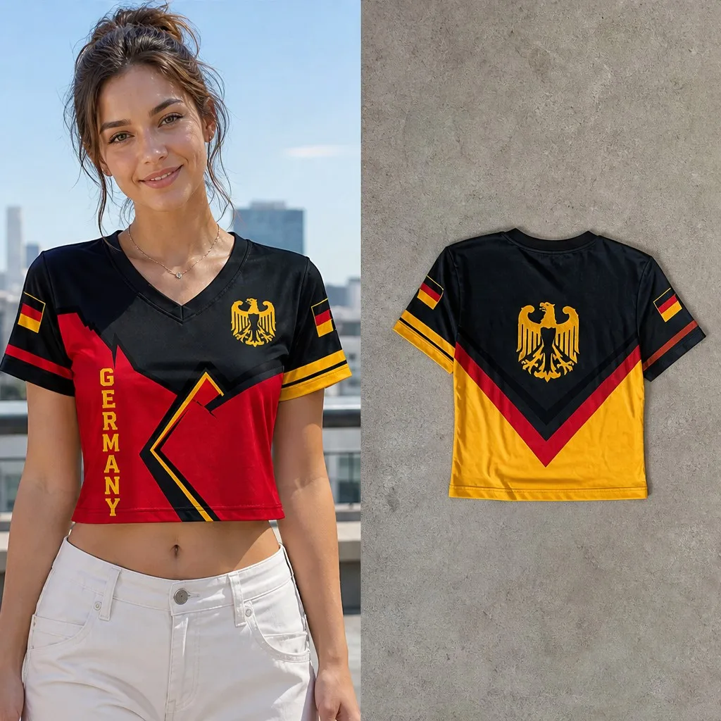 Womens Germany V Neck Short Sleeve Crop Top Chevron Eagle Print Casual Summer Shirt for Street Travel Holiday and Everyday Looks