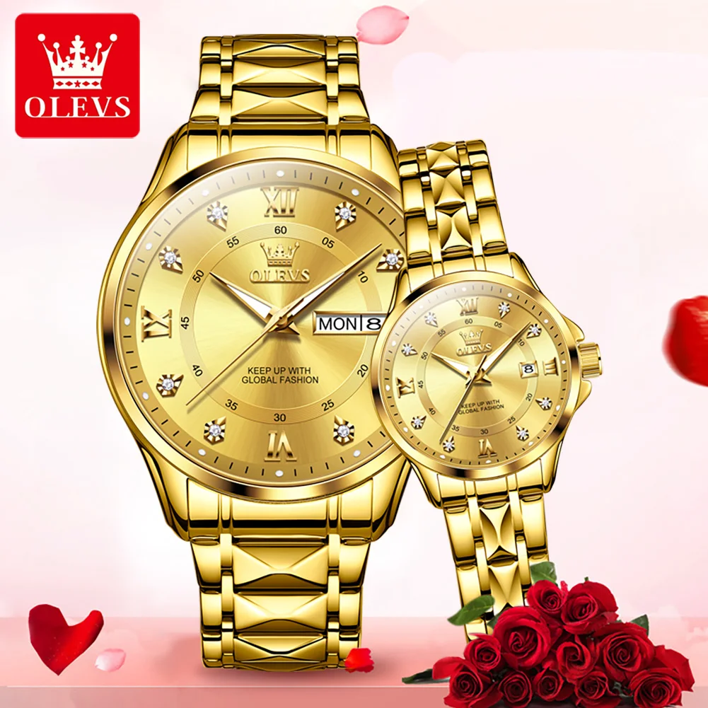 OLEVS-Relógio Quartzo em Aço Inoxidável para Homens e Mulheres, Calendário Duplo, Impermeável, Luminoso, Dourado, Original, Marca de Luxo, Casal