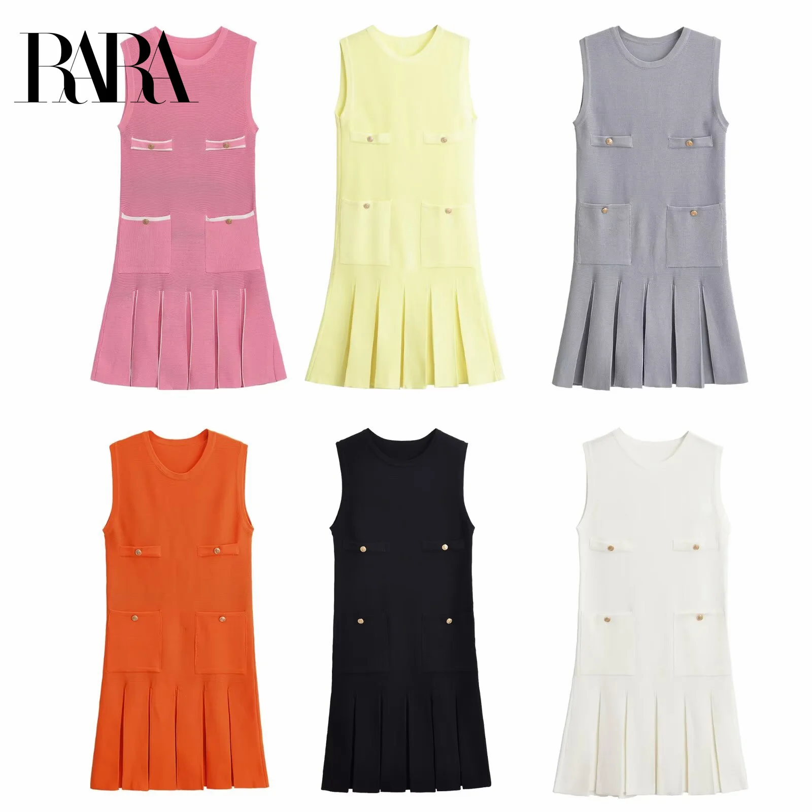 

2025RARA Summer New Women's Casual Fashion Simple Wide Pleated Pockets Knitted Sleeveless Round Neck Mini Dress