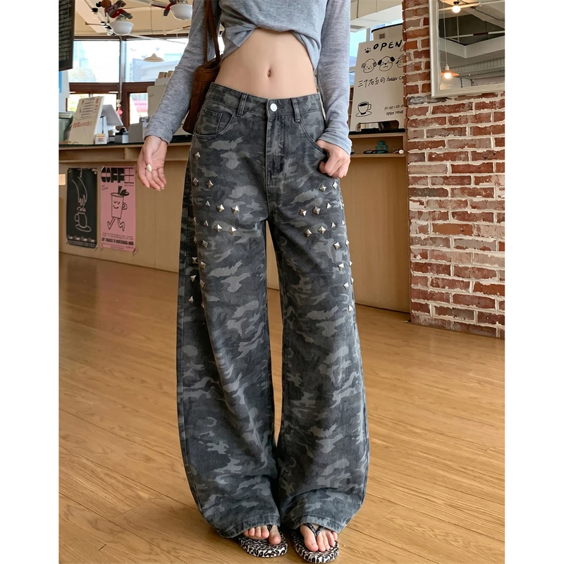 Women's Rivet Camouflage Pattern Retro Pants Cool Girl Wide Leg Y2k Bottoms Street High Waist Trousers Female Unisex Sweatpants