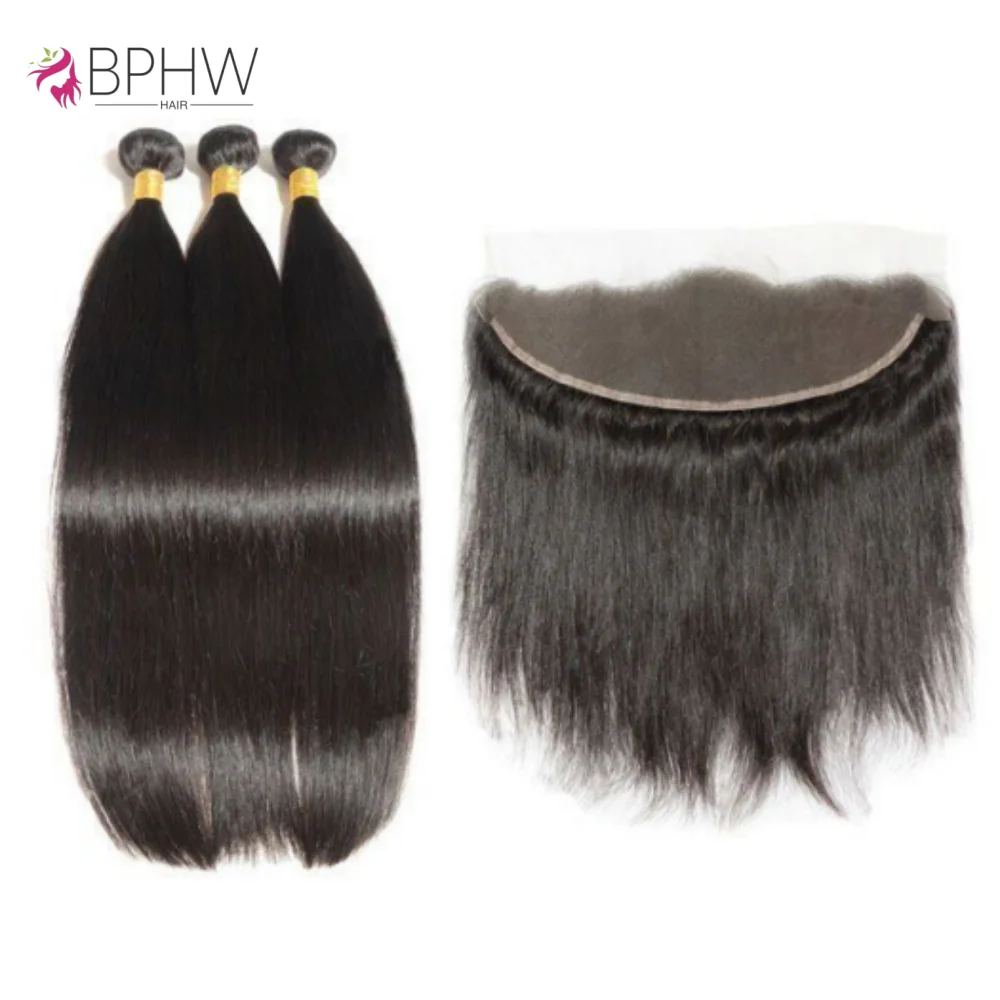 

3 Bundles With 13x4 Frontal Straight 100% Human Hair For Women Hair Extensions Brown Lace 13x4 Lace Frontal Hair Weave Remy Hair