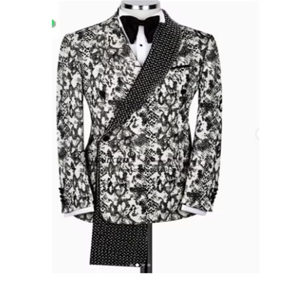 

Fashion Floars Wedding Groom Tuxedo Glitter Beaded Lapel Men Suit Double Breasted Customized 2 Piece Sets Sets Male Prom Blazers