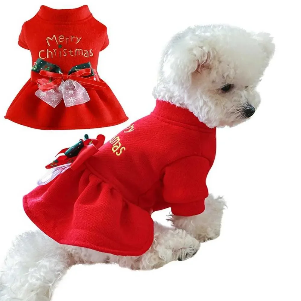 

Christmas Printed Dog Princess Skirts Autumn Winter Dog Dress Xmas Cosplay Pets Cat Warm Dress Bow Skirt Pet Clothing S25912