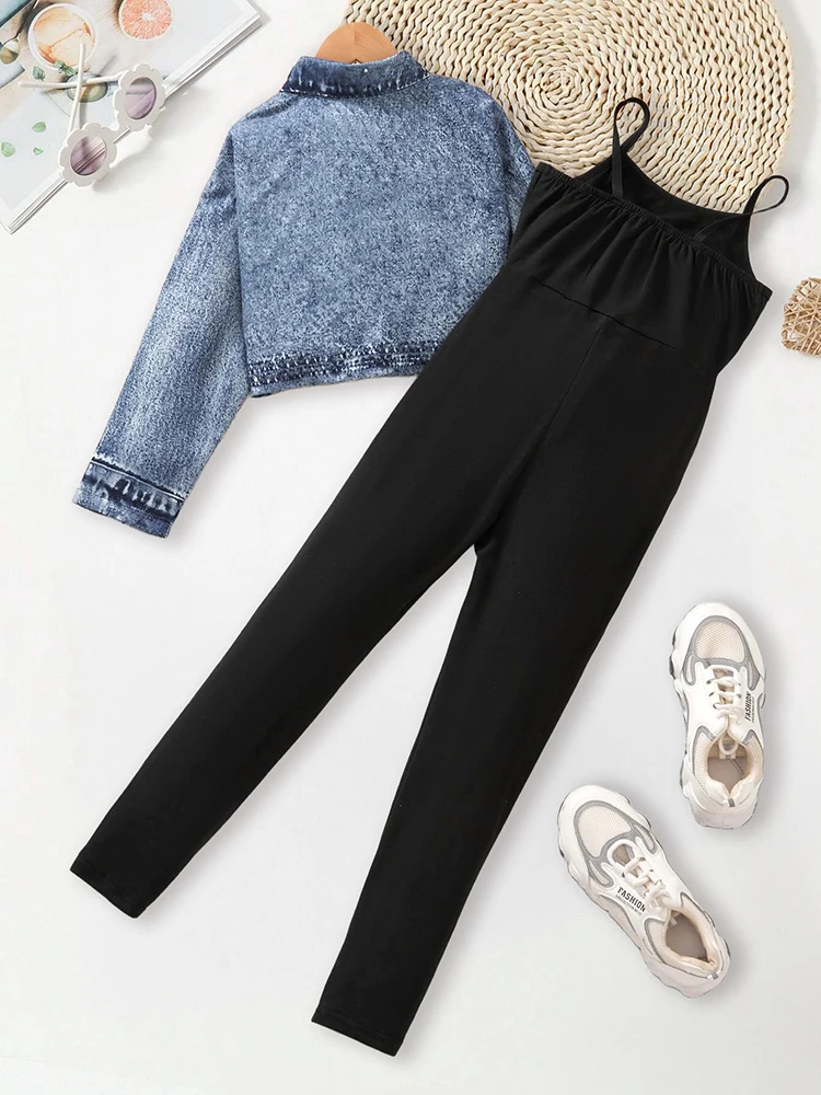 Autumn And Winter Girls' Daily Casual Sweet And Cute Casual Thin Jacket&Slim Fitting Jumpsuit Two-Piece Set