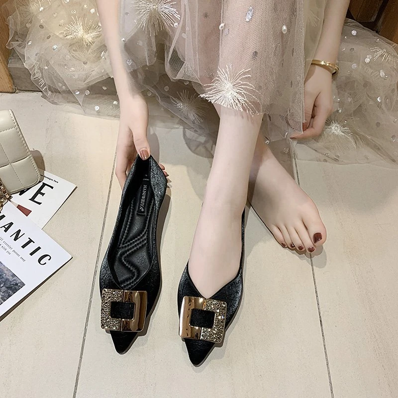 Spring Autumn Summer Winter Women's Flat Shoes Soft Bottom Square Buckle Design Casual round Toe Shoes Comfortable Rubber Sole