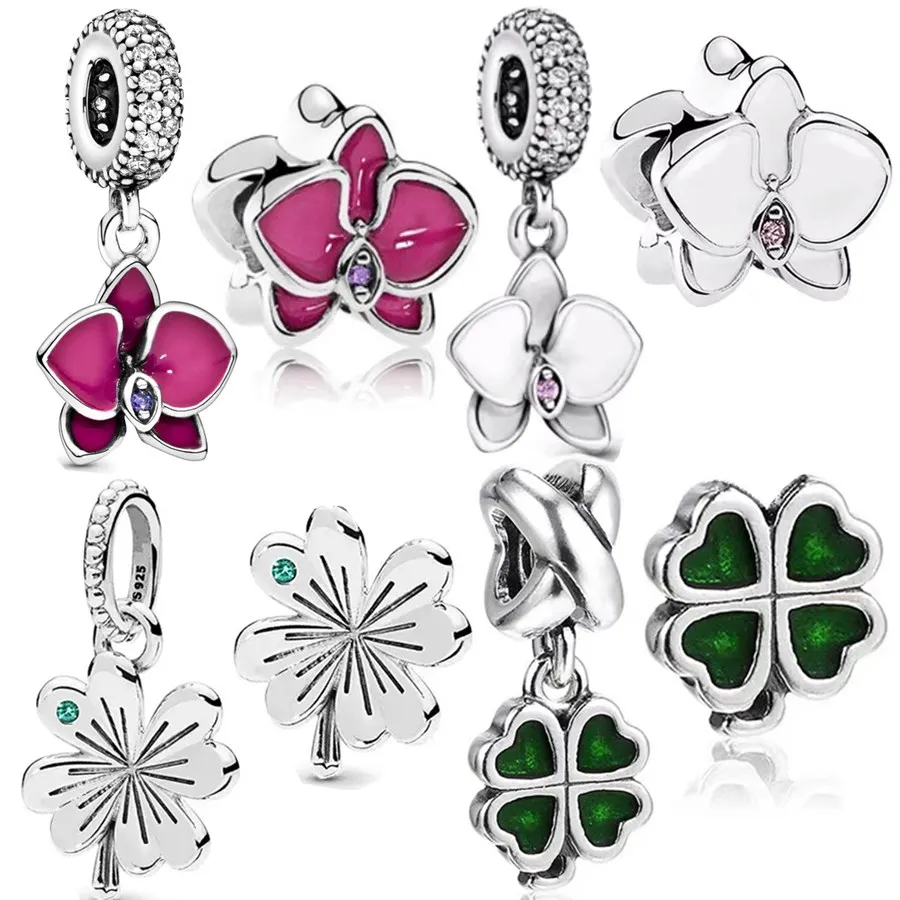 Sparkling White Green Clover Crimson Orchid Trinket Charm Bead Pendant Fit Original Silver 925 Bracelet DIY Jewelry Women's Gift