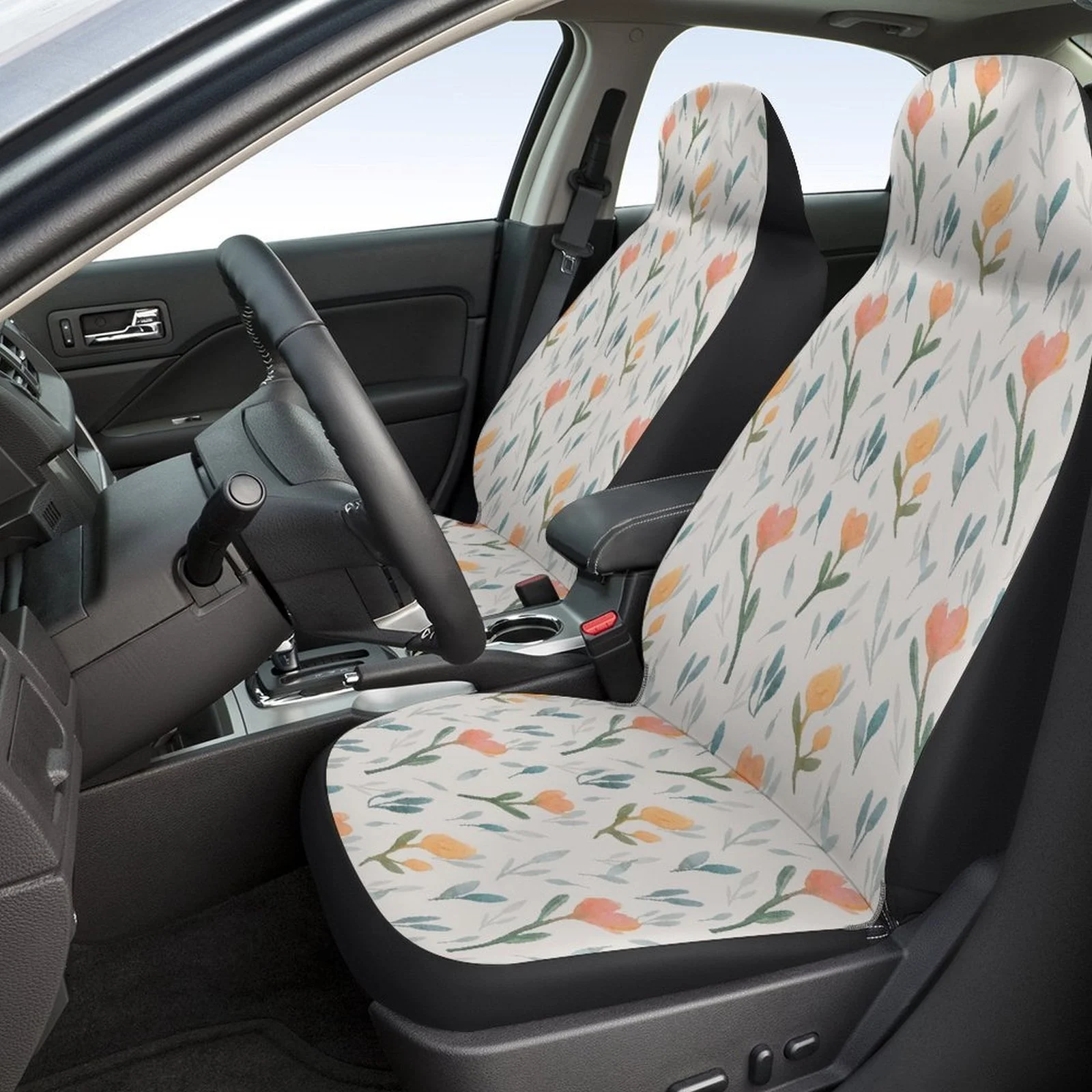 2pcs Car Seat Covers Front Seats Fit - Floral Tulip Pattern With Green Leaves, Breathable Non-Slip Fabric, Machine Washable For