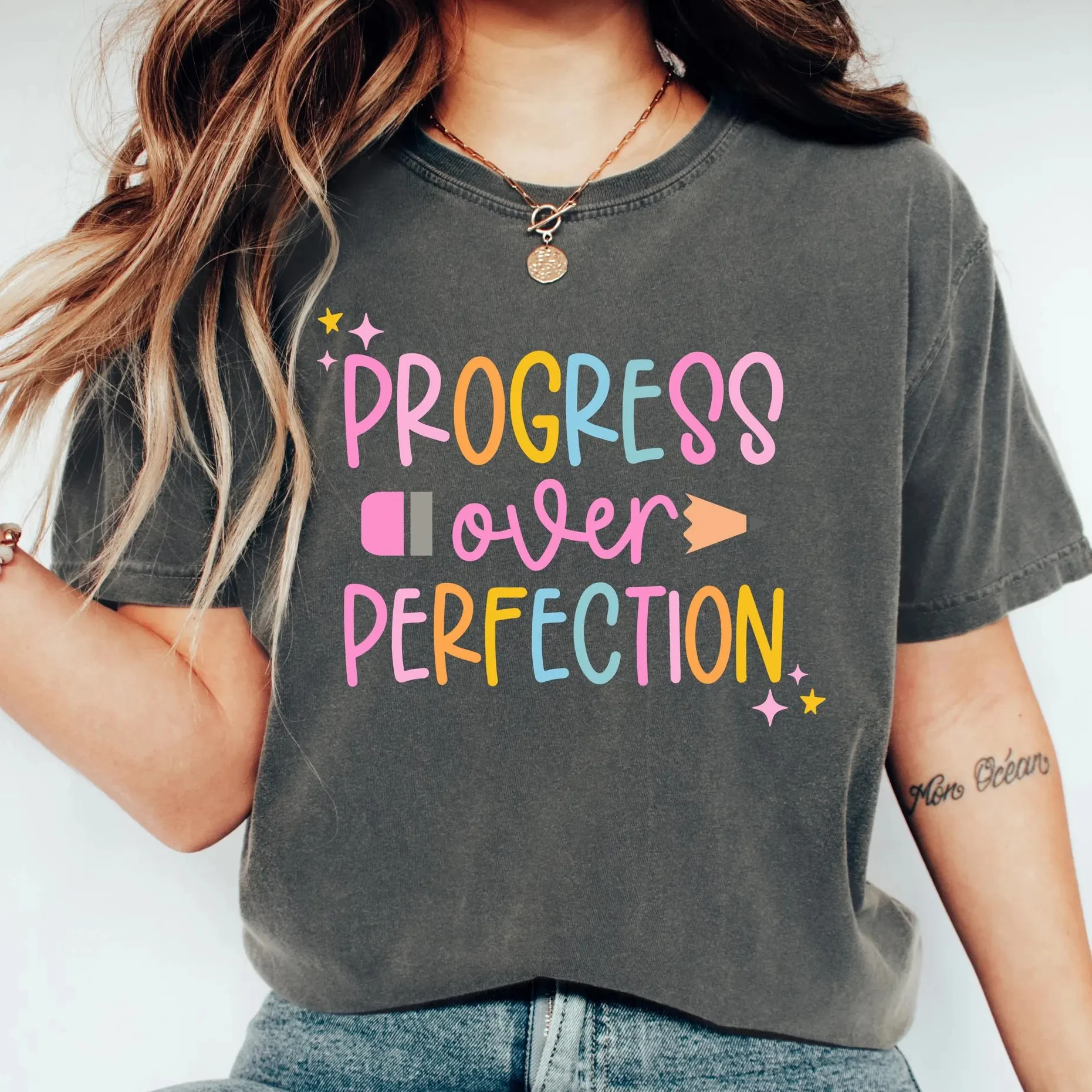 

Женская футболка больших размеров Progress Over Perfection, хлопковая дышащая модная и универсальная уличная одежда унисекс большого размера